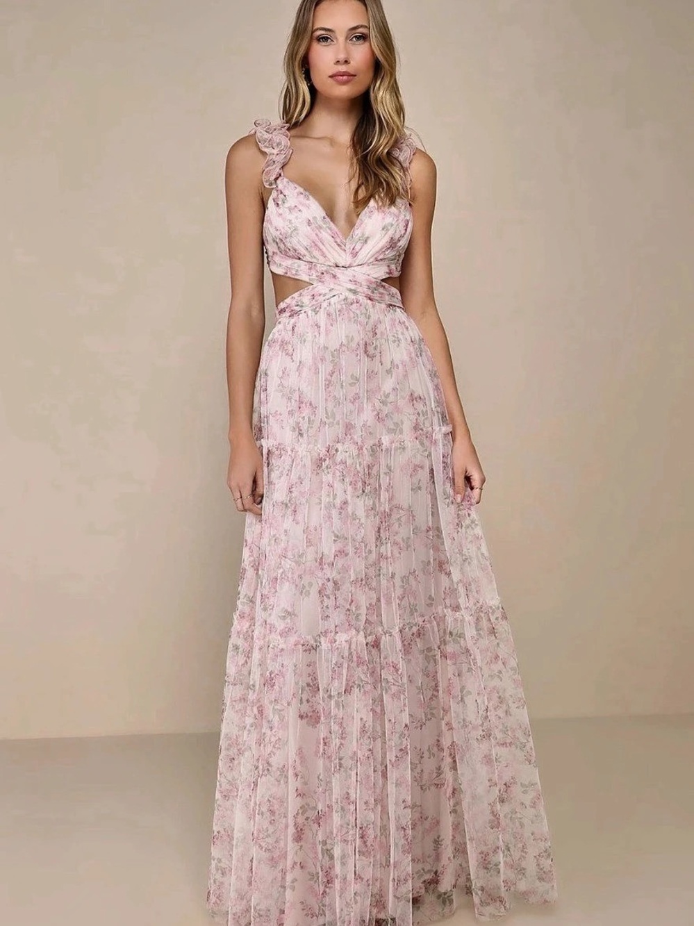 Ethereal Love Blush Floral Pleated Tiered Tie-Back Maxi Dress